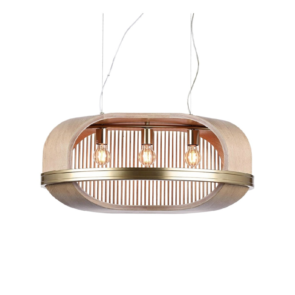 **Lampa wisząca z drewna i metalu z trzema źródłami światła**